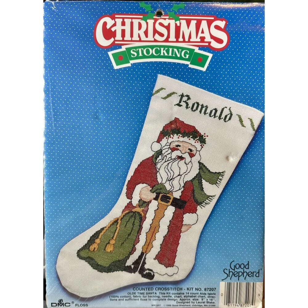 Vintage NOS 1988"Old Time Santa" Christmas Stocking Cross Stitch Craft Kit DMC